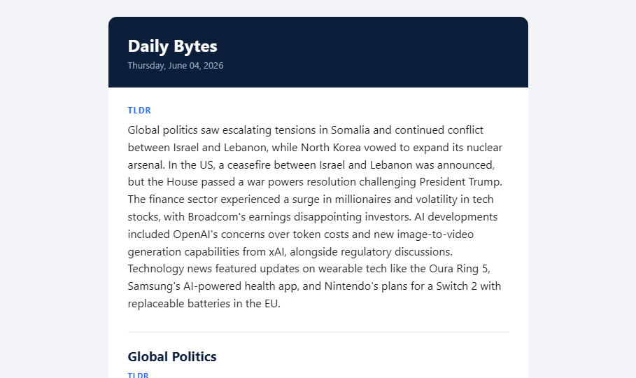 Daily News Bytes — rendered morning briefing email