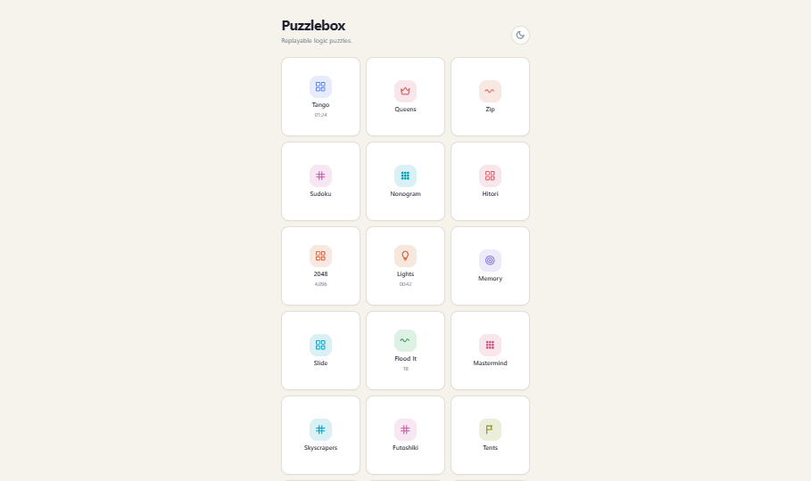 Puzzlebox — game hub grid
